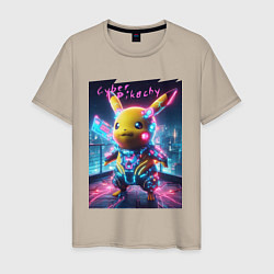 Футболка хлопковая мужская Cyber Pikachu - neon glow ai art fantasy, цвет: миндальный