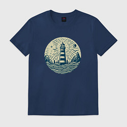 Футболка хлопковая мужская Стилизованный ночной морской пейзаж и маяк, цвет: тёмно-синий