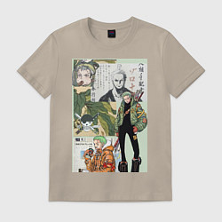Футболка хлопковая мужская Ван-Пис Зоро Ророноа коллаж сильнейший мечник, цвет: миндальный