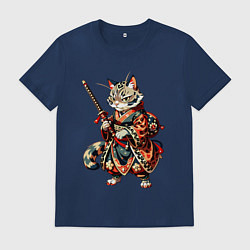 Футболка хлопковая мужская Кот ниндзя - японский воин, цвет: тёмно-синий