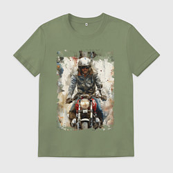 Футболка хлопковая мужская Акварель -мотоциклист, цвет: авокадо