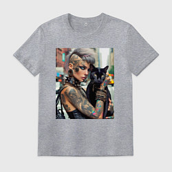 Футболка хлопковая мужская Девчонка панк в татухах с чёрным котом - нейросеть, цвет: меланж