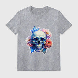 Футболка хлопковая мужская Акварельный череп в цветах, цвет: меланж