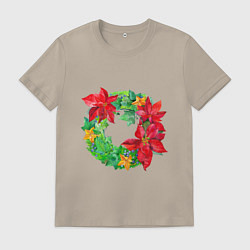 Футболка хлопковая мужская Новогодний венок из плюща и пуансеттии, цвет: миндальный