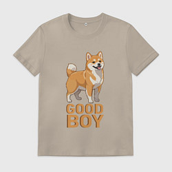 Футболка хлопковая мужская Собака акита-ину, цвет: миндальный