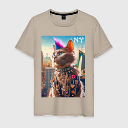 Футболка хлопковая мужская Funny cat punk from New York - ai art, цвет: миндальный