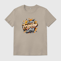 Футболка хлопковая мужская Надпись на иностранном языке счастливого дня, цвет: миндальный