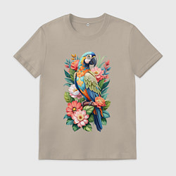 Футболка хлопковая мужская Голубой попугай Ара среди цветов, цвет: миндальный