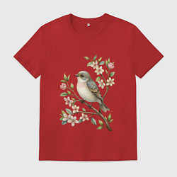 Мужская футболка Маленькая птичка на ветке с цветами