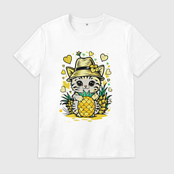 Футболка хлопковая мужская Котик с ананасами, цвет: белый
