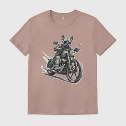 Футболка хлопковая мужская Французский бульдог байкер на мотоцикле чоппере, цвет: пыльно-розовый