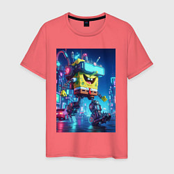 Футболка хлопковая мужская Cyber Sponge Bob - neon glow fantasy, цвет: коралловый