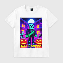 Футболка хлопковая мужская Halloween and Minecraft - neon collaboration, цвет: белый
