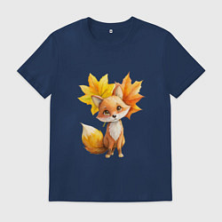 Футболка хлопковая мужская Лисичка и осенние листья, цвет: тёмно-синий