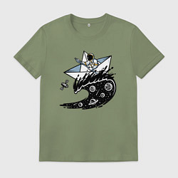 Футболка хлопковая мужская Кораблик на космической волне, цвет: авокадо