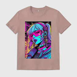 Футболка хлопковая мужская Кибер девчонка в розовых очках - нейроарт, цвет: пыльно-розовый