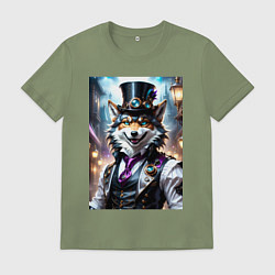 Футболка хлопковая мужская Стимпанк волк, цвет: авокадо