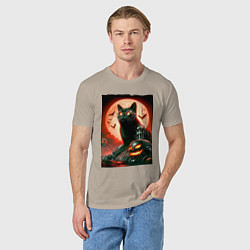 Футболка хлопковая мужская Стимпанк кот в очках - нейроарт, цвет: миндальный — фото 2