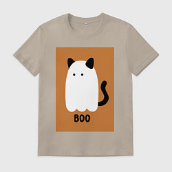 Футболка хлопковая мужская Котик-призрак на хэллоуин, цвет: миндальный