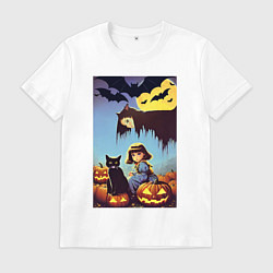 Футболка хлопковая мужская Ведьма зависла над девочкой и котом, цвет: белый