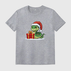 Футболка хлопковая мужская Новогодняя змея с подарком, цвет: меланж