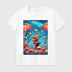 Футболка хлопковая мужская Соло скелета на гитаре под грибами, цвет: белый
