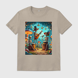 Футболка хлопковая мужская Трио скелетов музицируют на грибной поляне, цвет: миндальный