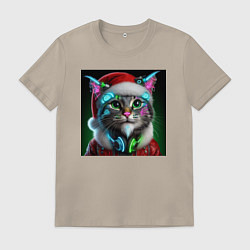 Футболка хлопковая мужская Новогодний кибер котик - нейроарт, цвет: миндальный