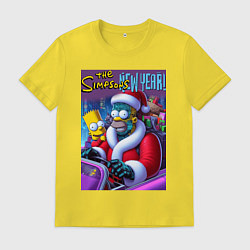 Футболка хлопковая мужская Кибер Гомер Симпсон с сыном за рулём автомобиля, цвет: желтый