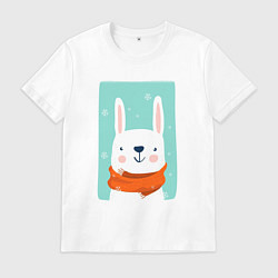 Футболка хлопковая мужская Снежный заяц с шарфом, цвет: белый
