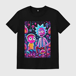 Футболка хлопковая мужская Рик и Морти - паучок и грибочки, цвет: черный