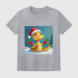 Футболка хлопковая мужская Символ 2025 нового года змея в шаке Санты, цвет: меланж