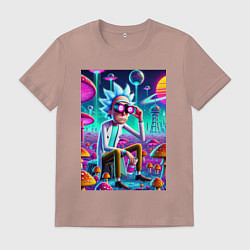 Футболка хлопковая мужская Рик в неоновых очках среди грибов, цвет: пыльно-розовый