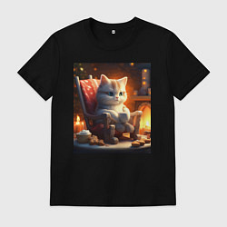 Футболка хлопковая мужская Уютный кот у камина с чашкой какао, цвет: черный