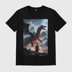 Футболка хлопковая мужская Сражение с драконом, цвет: черный