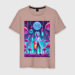 Футболка хлопковая мужская Rick and Morty among neon mushrooms - ai art fanta, цвет: пыльно-розовый