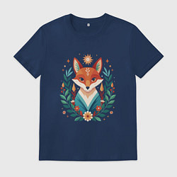 Футболка хлопковая мужская Лис с венком из ветвей, цвет: тёмно-синий