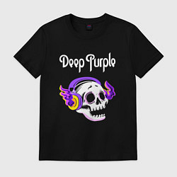 Футболка хлопковая мужская Deep Purple - неоновый череп, цвет: черный