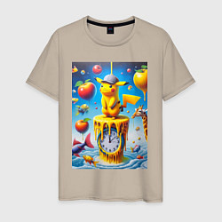 Футболка хлопковая мужская Funny Pikachu and fishes - surrealism, цвет: миндальный