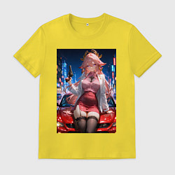 Футболка хлопковая мужская Яэ Мико Genshin Impact на капоте с револьвером, цвет: желтый