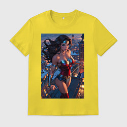 Футболка хлопковая мужская Чудо-женщина на крыше с городским фоном, цвет: желтый