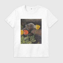 Футболка хлопковая мужская Мишка с тюльпанами, цвет: белый