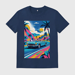 Футболка хлопковая мужская Кабриолет едет по тропическому острову, цвет: тёмно-синий