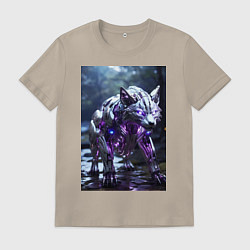 Футболка хлопковая мужская Киборг лиса с неоновой подсветкой, цвет: миндальный