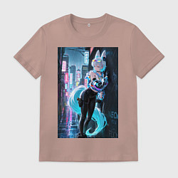 Футболка хлопковая мужская Лиса наемник в стиле Cyberpunk, цвет: пыльно-розовый