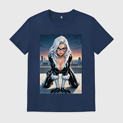 Футболка хлопковая мужская Черная кошка на крыше небоскреба, цвет: тёмно-синий