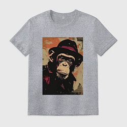 Футболка хлопковая мужская Обезьянка детектив в шляпе, цвет: меланж