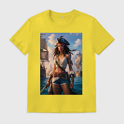 Футболка хлопковая мужская Пиратка на фона флотилии кораблей, цвет: желтый