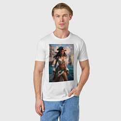 Футболка хлопковая мужская Пиратка на фона флотилии кораблей, цвет: белый — фото 2