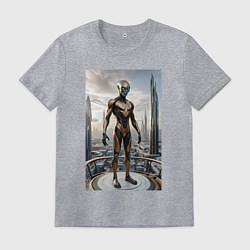 Футболка хлопковая мужская Инопланетянин в городе будущего, цвет: меланж